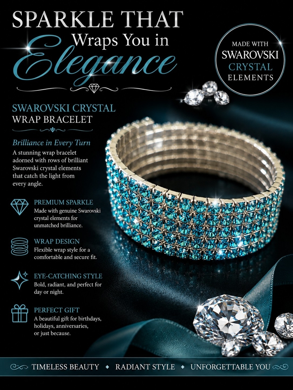 Swarovski Crystal Wrap Bracelet - Turquoise Blue Sparkle